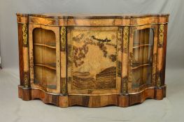 A VICTORIAN WALNUT, WALNUT STAINED, INLAID AND BRASS MOUNTED CREDENZA, the serpentine front with