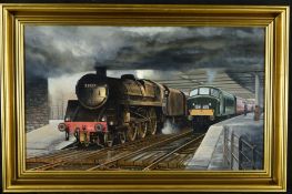 GERALD BROOM (BRITISH 1944), 'Ayr Station 1965', Steam Train 73137 and Peak Class 45 Diesel, oil