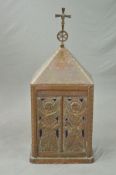 AN ARTS & CRAFTS STYLE COPPER AND BRASS MOUNTED ECCLESIASTICAL/RELIQUARY CABINET, the pyramid shaped