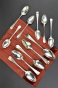 A SET OF FIVE GEORGE III SILVER OLD ENGLISH PATTERN TABLESPOONS, engraved initial 'P', maker WB,