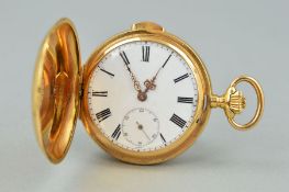 AN 18CT GOLD FULL HUNTER QUARTER REPEATING POCKET WATCH, enamel 4cm dial with Roman numerals,
