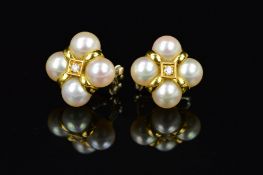 A PAIR OF 18CT GOLD CULTURED PEARL AND DIAMOND EARRINGS, each designed as a gold cross set with four