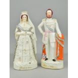 A PAIR OF VICTORIAN STAFFORDSHIRE POTTERY FIGURES, of 'Prince of Wales' and Queen of England which