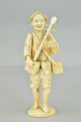 A LATE 19TH CENTURY JAPANESE SECTIONAL IVORY OKIMONO OF A MAN CARRYING A SHAMISEN AND BACHI, with