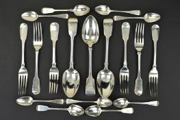 A GROUP LOT OF MIXED SILVER FLATWARE, including a set of three William IV Fiddle pattern