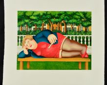 BERYL COOK (1926-2008), 'Bryant Park', a woman in repose on a bench, a limited edition print 15/300,