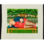 BERYL COOK (1926-2008), 'Bryant Park', a woman in repose on a bench, a limited edition print 15/300,