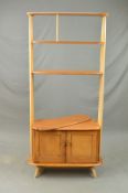 AN ERCOL GIRAFFE ELM FIVE TIER ROOM DIVIDER, consisting of the top shelf with spindled centre joined