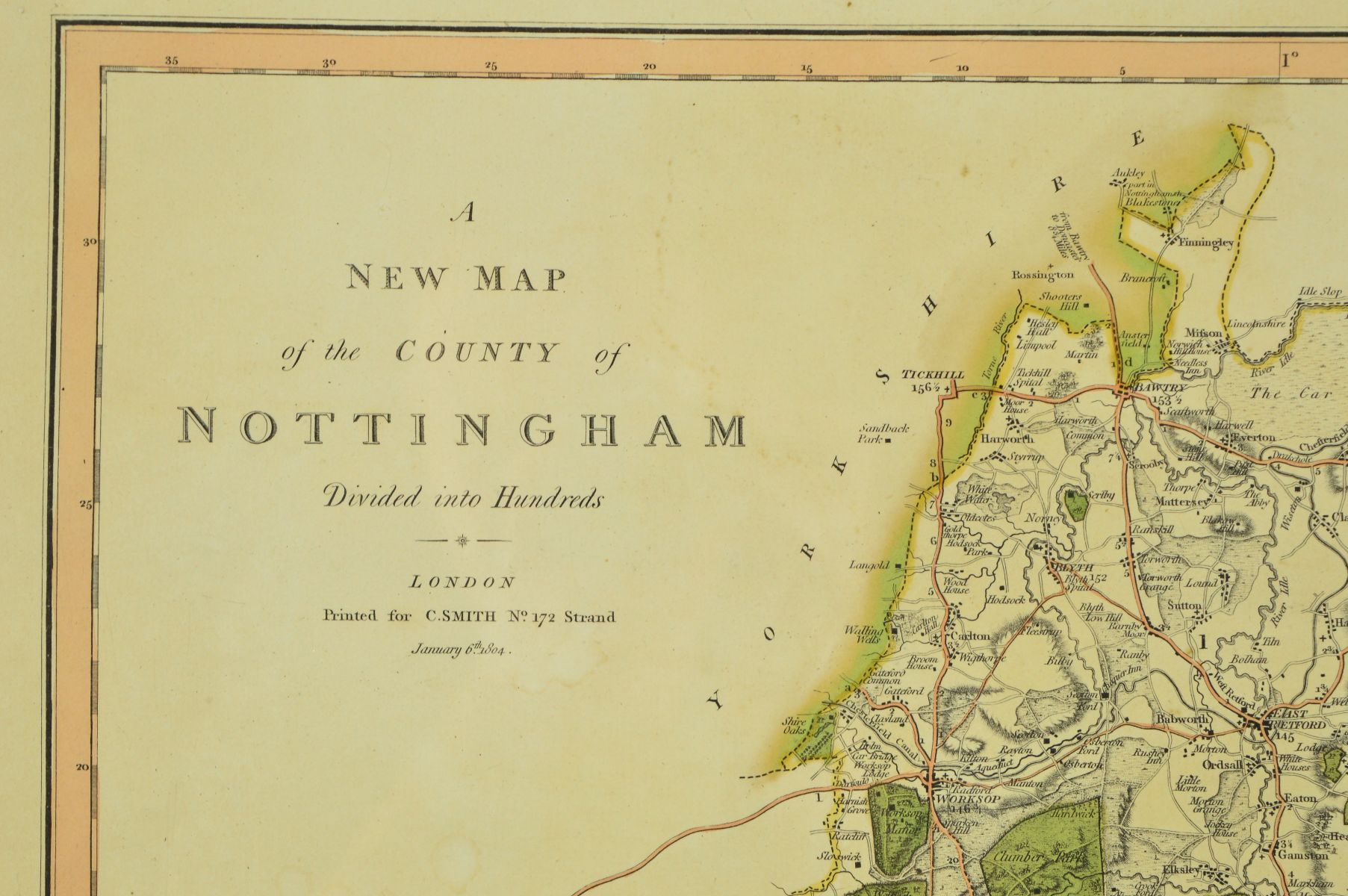 NOTTINGHAMSHIRE, AFTER MORDEN (ROBERT), a hand coloured reprint, approximately 36cm x 42.5cm, 'A - Image 9 of 11