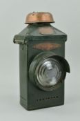 AN ADLAKE NO.22 RAILWAY LAMP, copper cap stamped L.M.S. (rubbed), clear bulls eye lens to front,