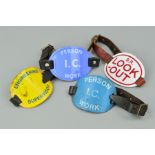 A GROUP OF FOUR BRITISH RAILWAYS ENAMEL ARMBANDS, comprising B.R. Look-Out, 2 x Person IC Work and