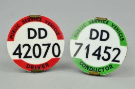 A BUS DRIVER AND BUS CONDUCTORS LICENCE BADGES, issued to the vendor who worked for Midland Red in