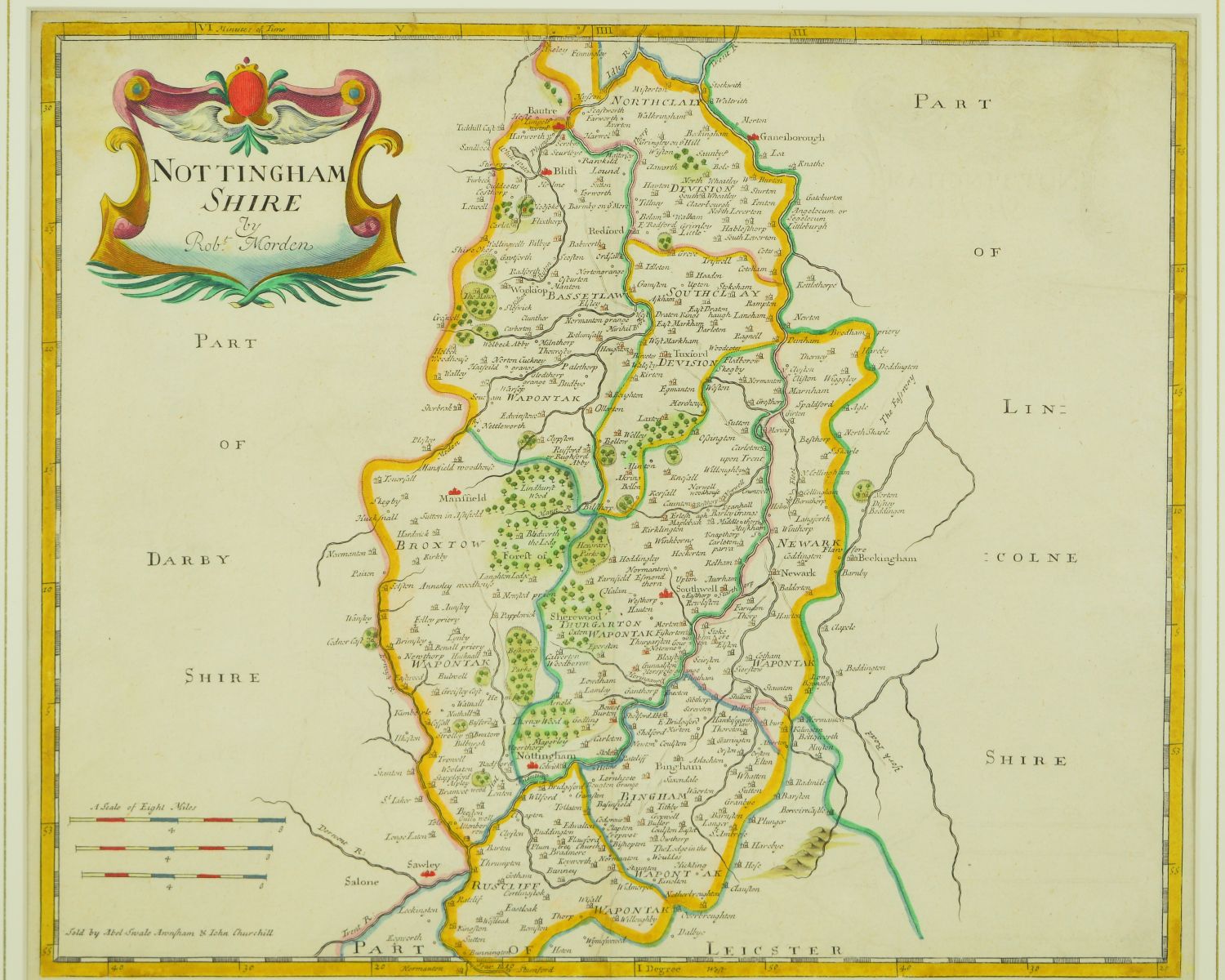 NOTTINGHAMSHIRE, AFTER MORDEN (ROBERT), a hand coloured reprint, approximately 36cm x 42.5cm, 'A - Image 4 of 11