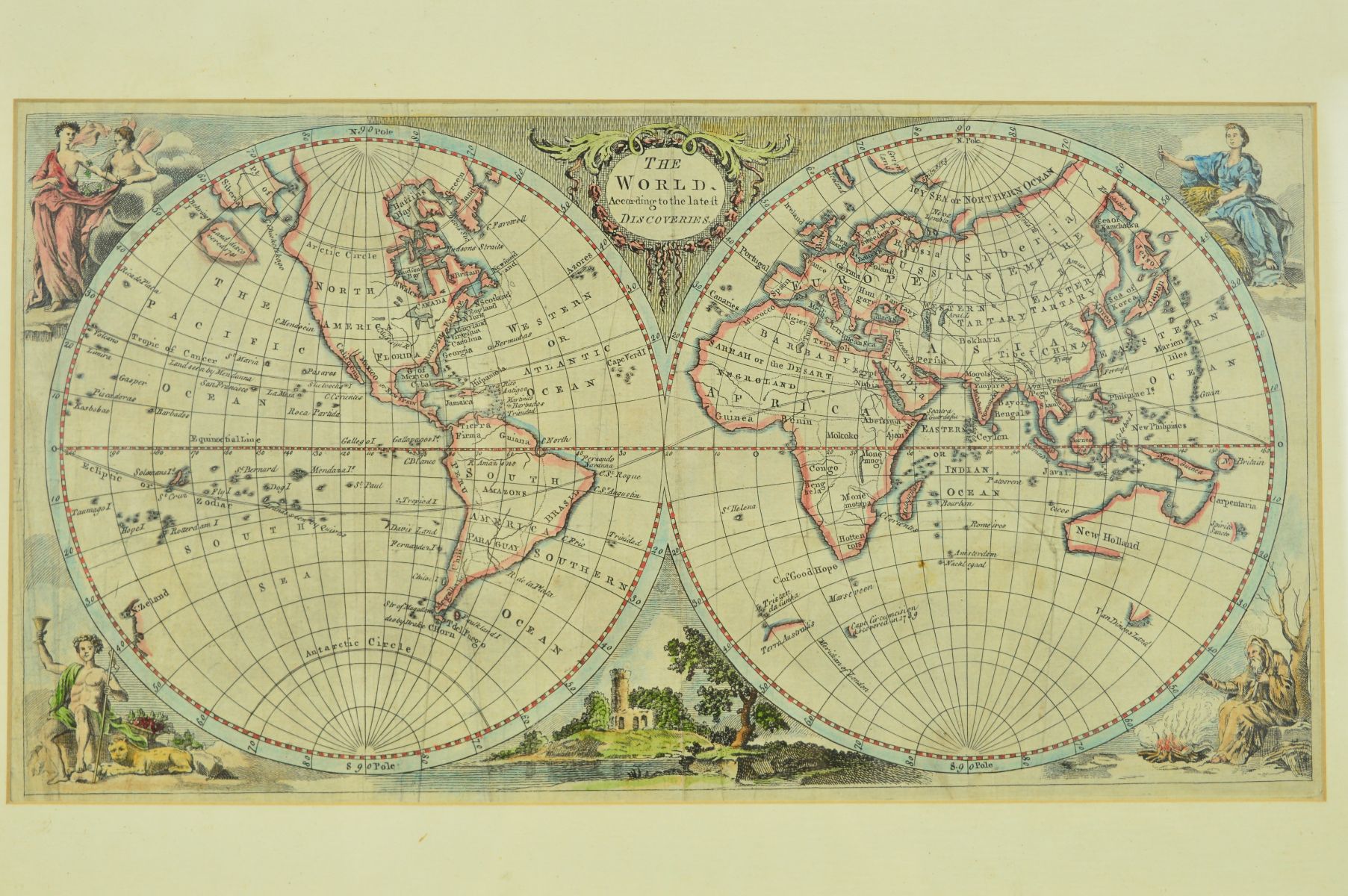 ANON, 'THE WORLD ACCORDING TO THE LATEST DISCOVERIES', a hand coloured engraving double hemisphere - Image 2 of 5