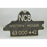 'NCB WESTERN PIONEER 63 000 442', a cast aluminium locomotive nameplate from N.C.B. Locomotive 63.