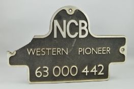 'NCB WESTERN PIONEER 63 000 442', a cast aluminium locomotive nameplate from N.C.B. Locomotive 63.
