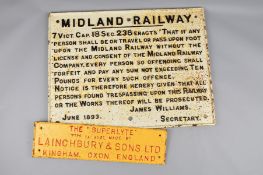 A CAST IRON MIDLAND RAILWAY TRESPASS NOTICE, black lettering on white background, has been