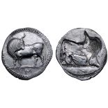 Lucania, Sybaris AR Stater. Circa 530-510 BC. Bull standing left, head right; VM in exergue / Incuse