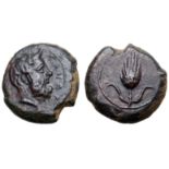 Sicily, uncertain mint Æ18. Circa 450-350 BC. Horned and bearded head of a river-god to right;