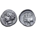 Sicily, Stiela AR Hemidrachm. Circa 415-400 BC. Laureate, young male head left, branch before /