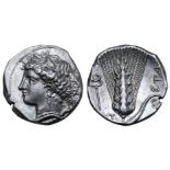 Lucania, Metapontion AR Stater. Circa 340-330 BC. Ly-, magistrate. Head of Demeter to left,