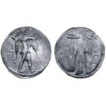 Lucania, Poseidonia AR Stater. Circa 530-500 BC. Poseidon, diademed and wearing chlamys over