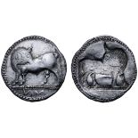 Lucania, Sybaris AR Stater. Circa 530-510 BC. Bull standing left, head right; VM in exergue / Incuse