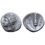 Lucania, Metapontion AR Stater. Circa 330-290 BC. Da-, magistrate. Head of Demeter to left,