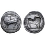 Lucania, Sybaris AR Stater. Circa 530-510 BC. Bull standing left, head right; VM above / Incuse bull
