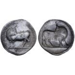 Lucania, Sybaris AR Stater. Circa 530-510 BC. Bull standing left, head right; VM in exergue / Incuse