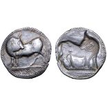 Lucania, Sybaris AR Stater. Circa 530-510 BC. Bull standing left, head right; VM in exergue / Incuse