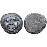 Etruria, Populonia AR 20 Asses. 3rd century BC. Facing head of Metus, tongue protruding, hair