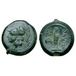 Campania, Teanum Sidicinum Æ20. Circa 265-240 BC. Helmeted head of Minerva left / Cockerel