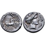 Sicily, Siculo-Punic AR Tetradrachm. ‘Cape of Melkart’ mint, circa 360-330 BC. Charioteer, holding