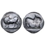 Lucania, Sybaris AR Stater. Circa 530-510 BC. Bull standing left, head right; VM in exergue / Incuse