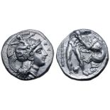 Lucania, Herakleia AR Stater. Circa 330 BC. Eu- and Apol-, magistrates. Head of Athena right,