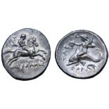 Calabria, Tarentum AR Nomos. Nikodamos, Eu-, and Zor-, magistrates. Circa 281-270 BC. Horseman