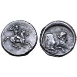 Sicily, Gela AR Didrachm. Circa 490-480 BC. Nude horseman on horse galloping to right, thrusting