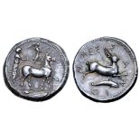 Sicily, Messana AR Tetradrachm. Circa 425-421 BC. The nymph Messana, wearing a long chiton and