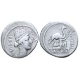 "A. Plautius AR Denarius. Rome, 55 BC. Turreted head of Cybele right; A•PLAVTIVS downwards before,
