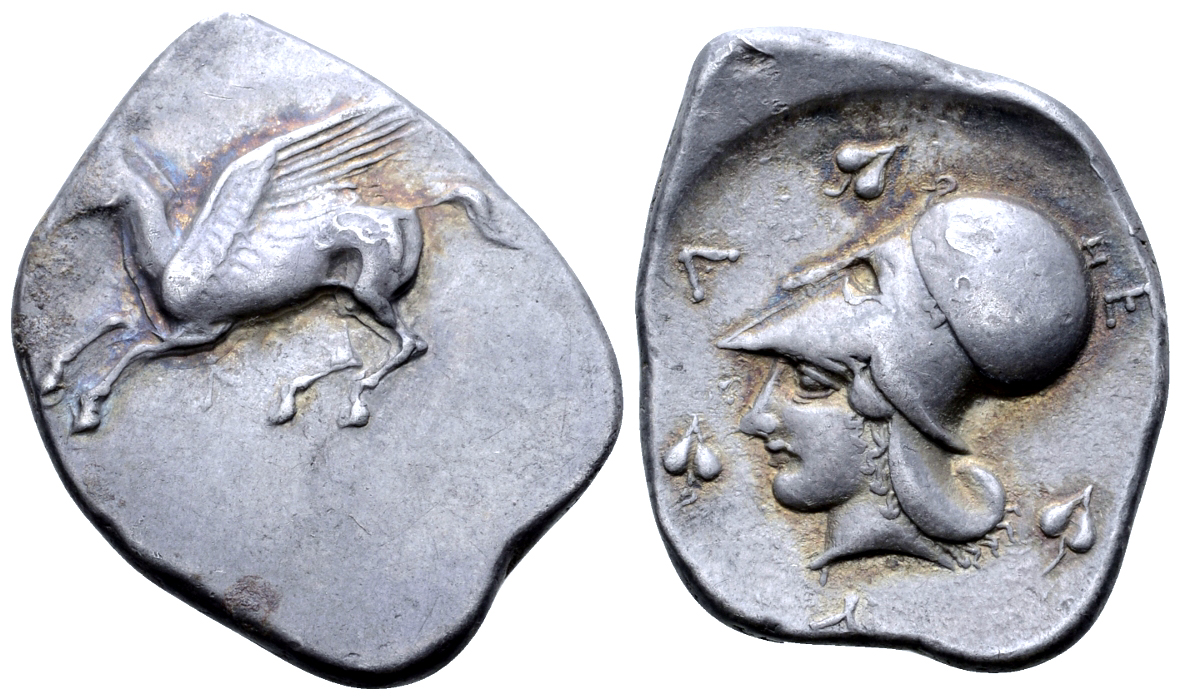 "Akarnania, Leukas AR Stater. After 435 BC. Pegasos flying left; Λ below / Helmeted head of Athena