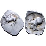 "Akarnania, Leukas AR Stater. After 435 BC. Pegasos flying left; Λ below / Helmeted head of Athena