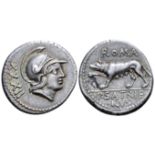 "P. Satrienus AR Denarius. Rome, 77 BC. Helmeted head of Roma right; XXXXII (control mark)