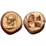 "Mysia, Kyzikos EL Stater. Circa 550-500 BC. Head of Athena left, wearing crested Attic helmet, base
