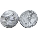 "L. Valerius Flaccus AR Denarius. Rome, 108-107 BC. Draped bust of Victory right; below chin, XVI