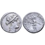 "L. Hostilius Saserna AR Denarius. Rome, 48 BC. Female head right, wearing laurel wreath / Victory