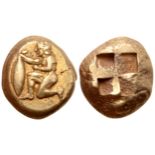 "Mysia, Kyzikos EL Stater. Circa 500-450 BC. Nude youth kneeling left, holding tunny fish /