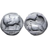 "Lucania, Sybaris AR Stater. Circa 530-510 BC. Bull standing left, head right; VM in exergue /