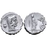 "L. Roscius Fabatus AR Serrate Denarius. Rome, 64 BC. Head of Juno Sospita right, wearing goat-