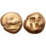 "Mysia, Kyzikos EL Stater. Circa 550-500 BC. Ram kneeling left, head reverted; tunny to left below /